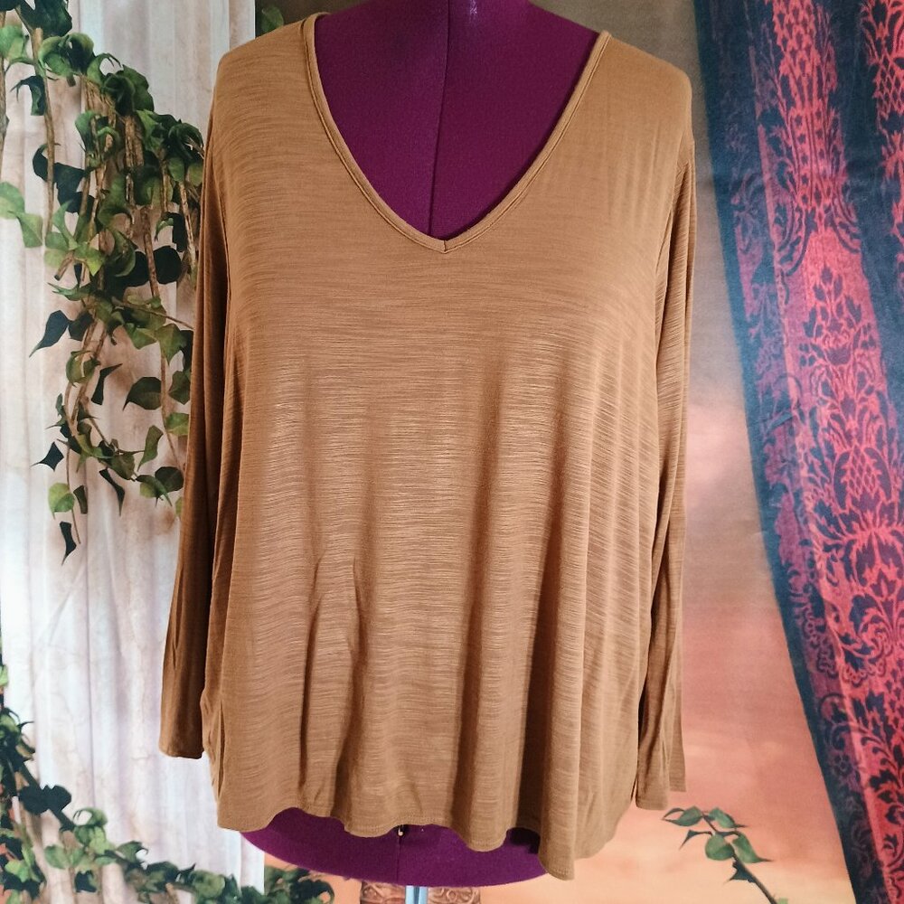 EUC Old Navy Sz XXL Brown Luxe V-Neck Long Sleeve Slub Knit Relaxed Drapey Tee